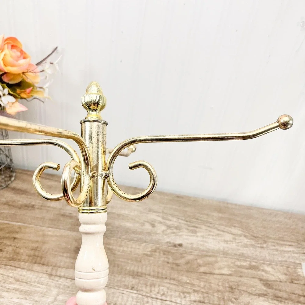 Vintage Brass Marble Jewelry Stand, 4-Arm Rotating Organizer Decor